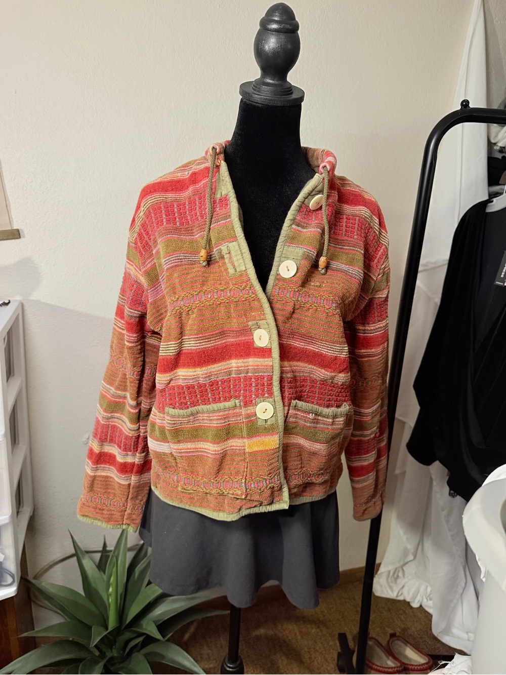 Vintage Striped Button-Up Jacket in Coral & Olive